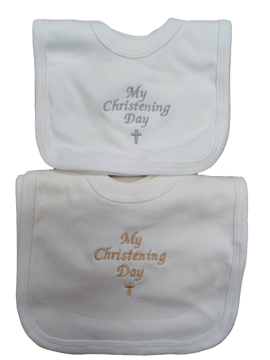 Bibs embroidered with my christening day ivory  or  white