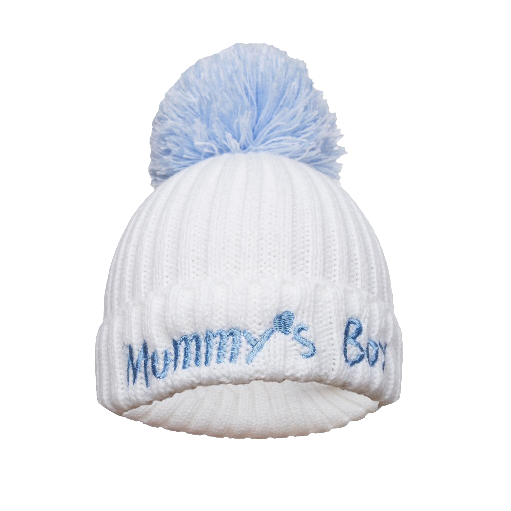 Knitted Hats with pom pom embroidered with mummy's girl or boy