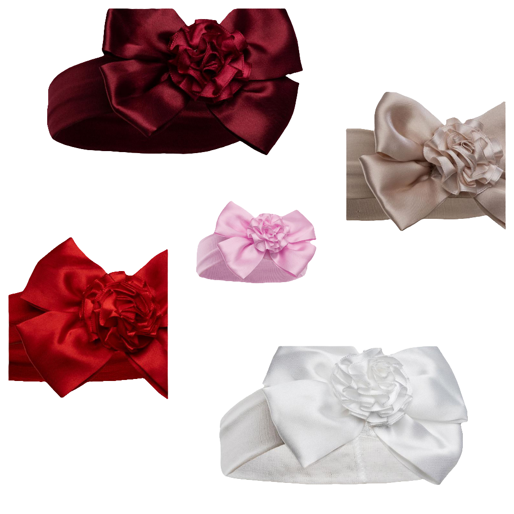 Baby girls stretch headband with satin bow and flower comes in  various colours