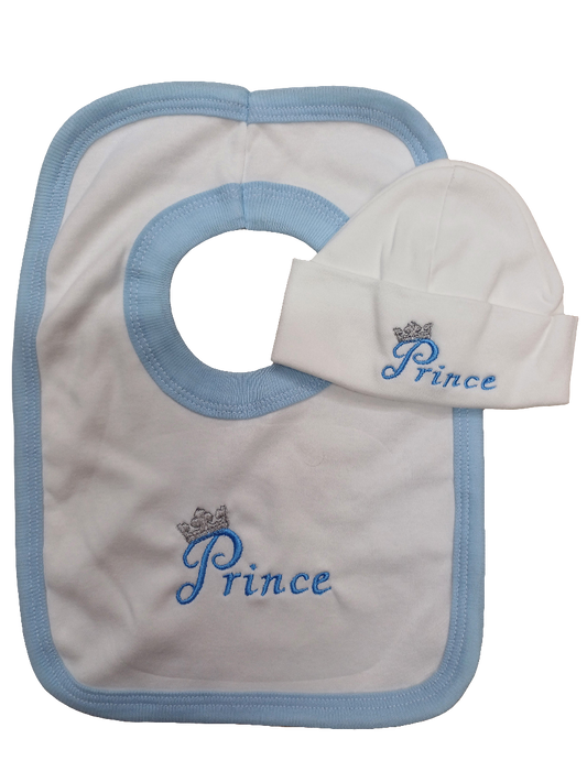 Baby Boys 100% soft cotton bib and hat set embroidered with prince size newborn