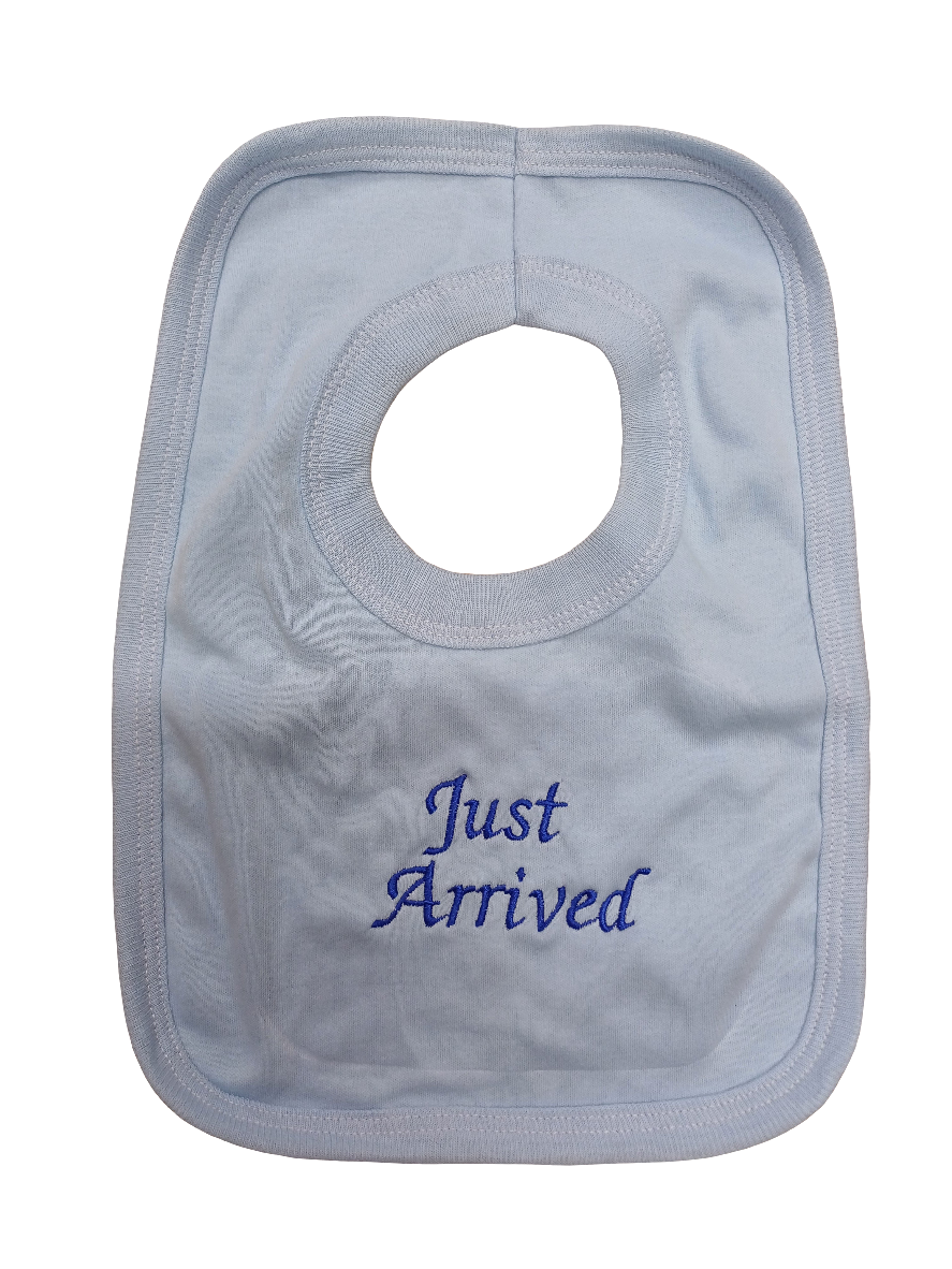 Baby  bibs embroidered with just arrive on  various  colours  to choose from 100% cotton