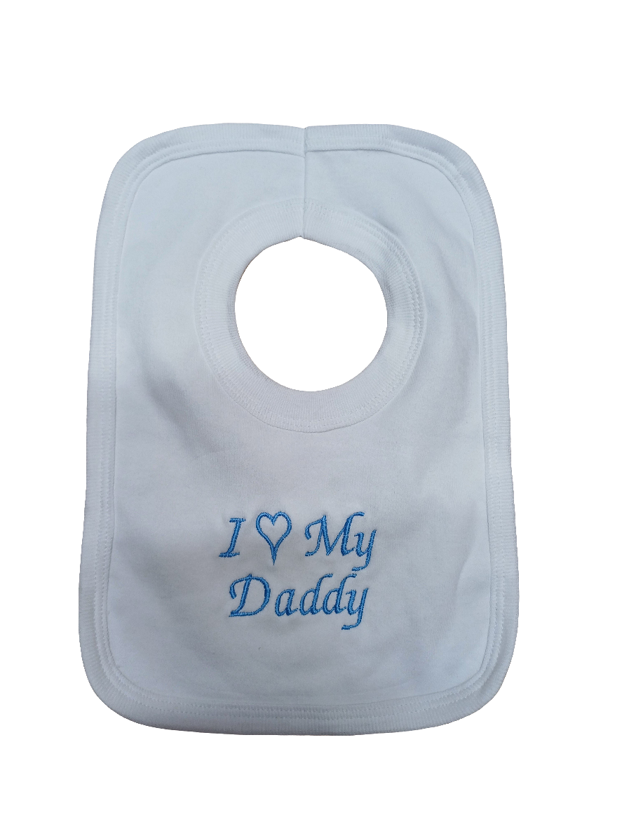 Baby  Boys or girls  100% soft cotton bib embroidered with  I love my mummy or daddy various colours to choose from