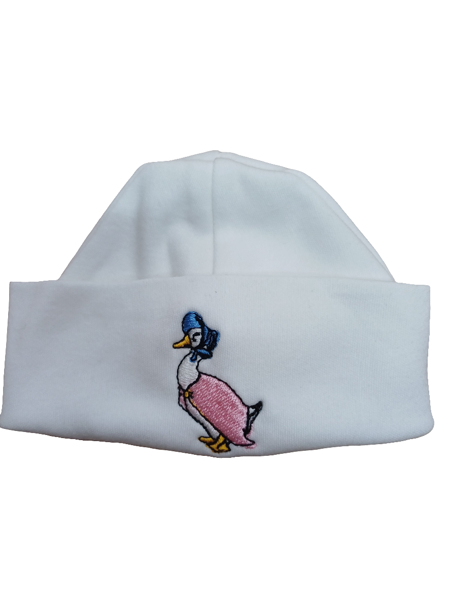 Baby girls 100% soft cotton bib and hat set embroidered with jemima puddle duck size newborn