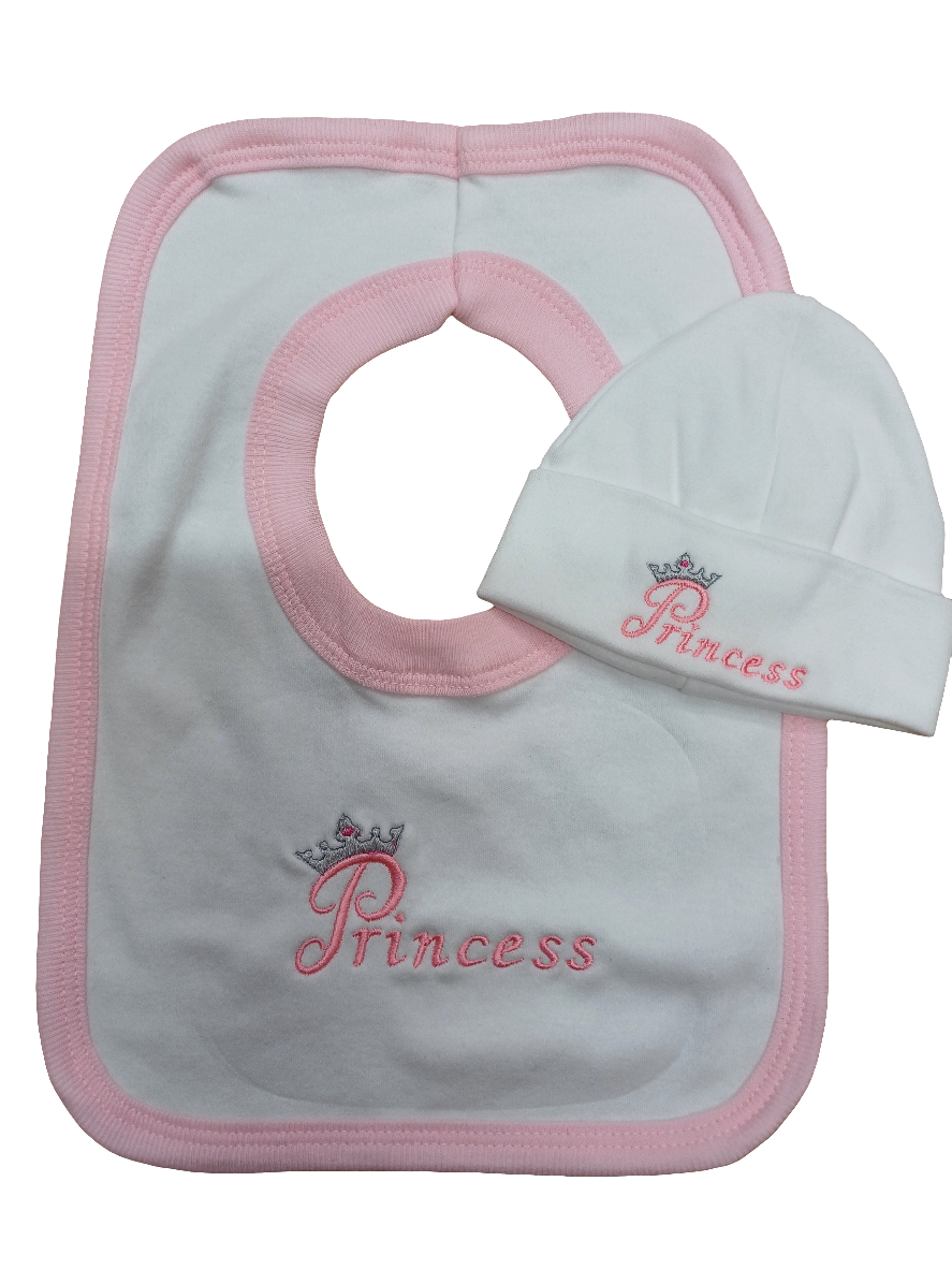 Baby girls 100% soft cotton bib and hat set embroidered with princess size newborn