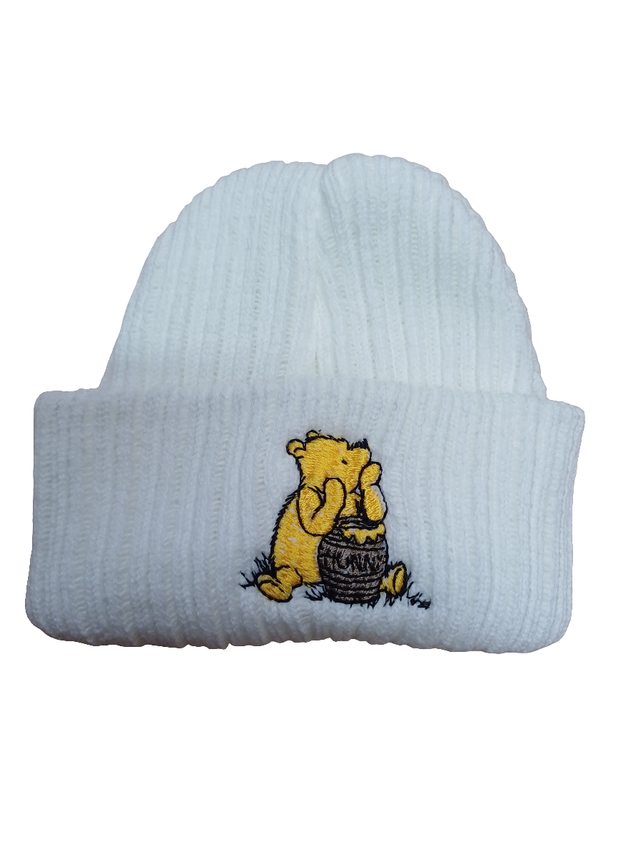 Baby Boys or girls knitted beanie hat embroidered with honey bear size newborn