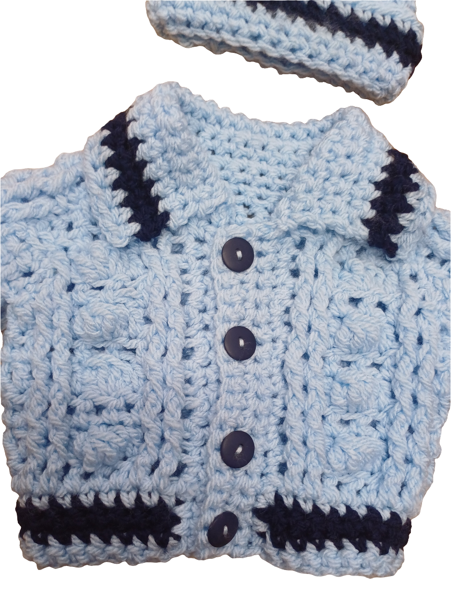 Babys handmade crocheted cardigan and pom hat set