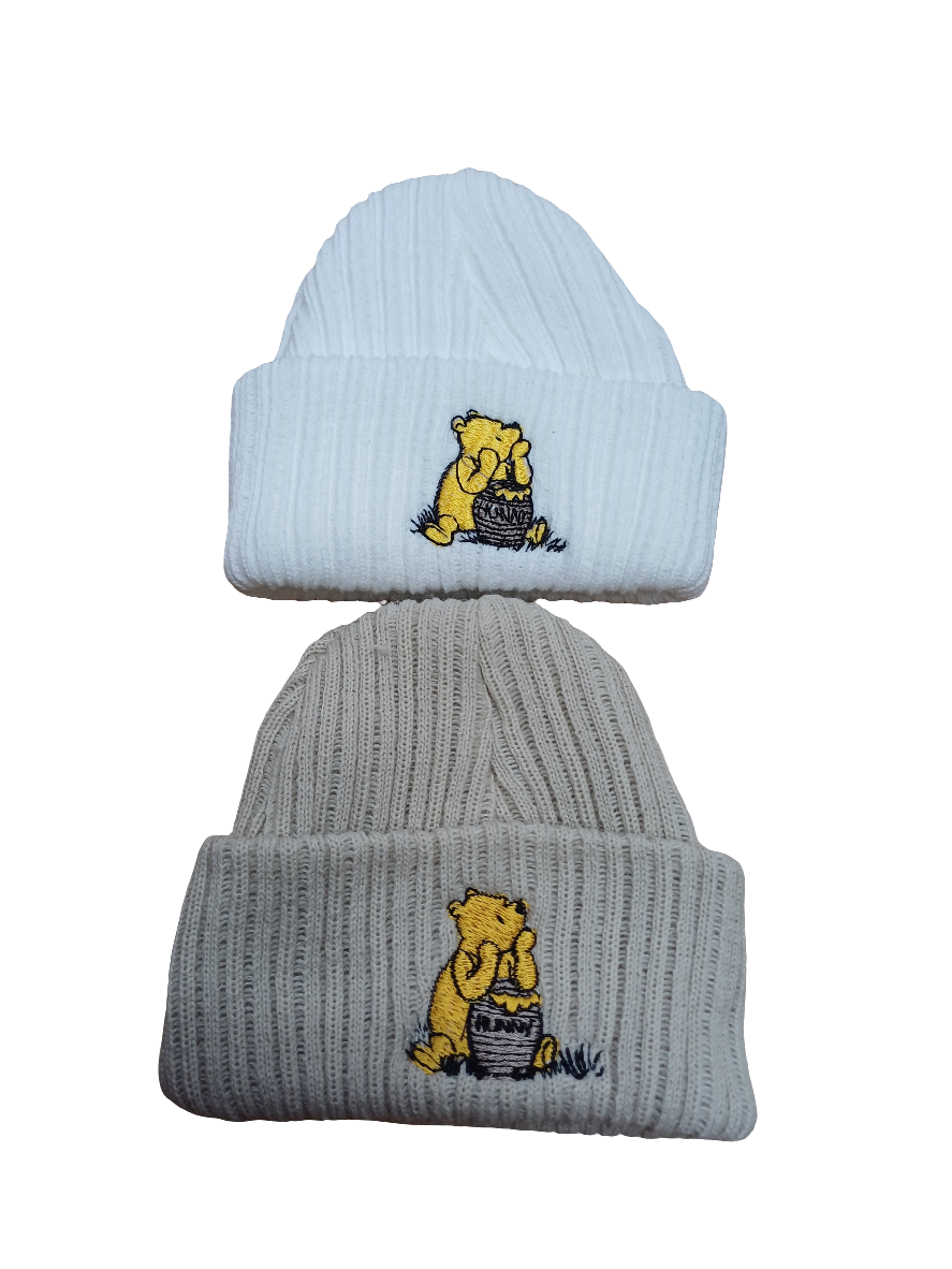 Baby Boys or girls knitted beanie hat embroidered with honey bear size newborn