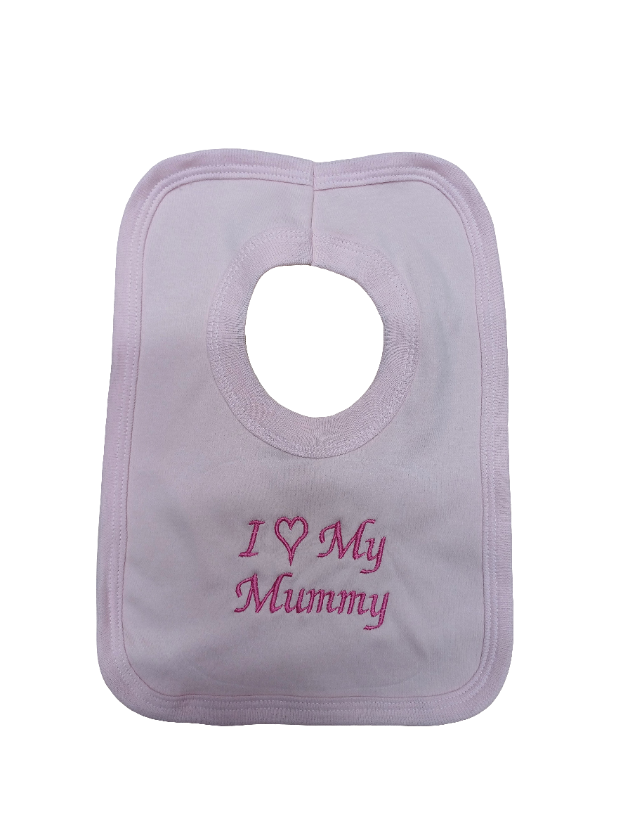 Baby girls  100% soft cotton bib and hat set embroidered with I love my mummy colour pink size newborn