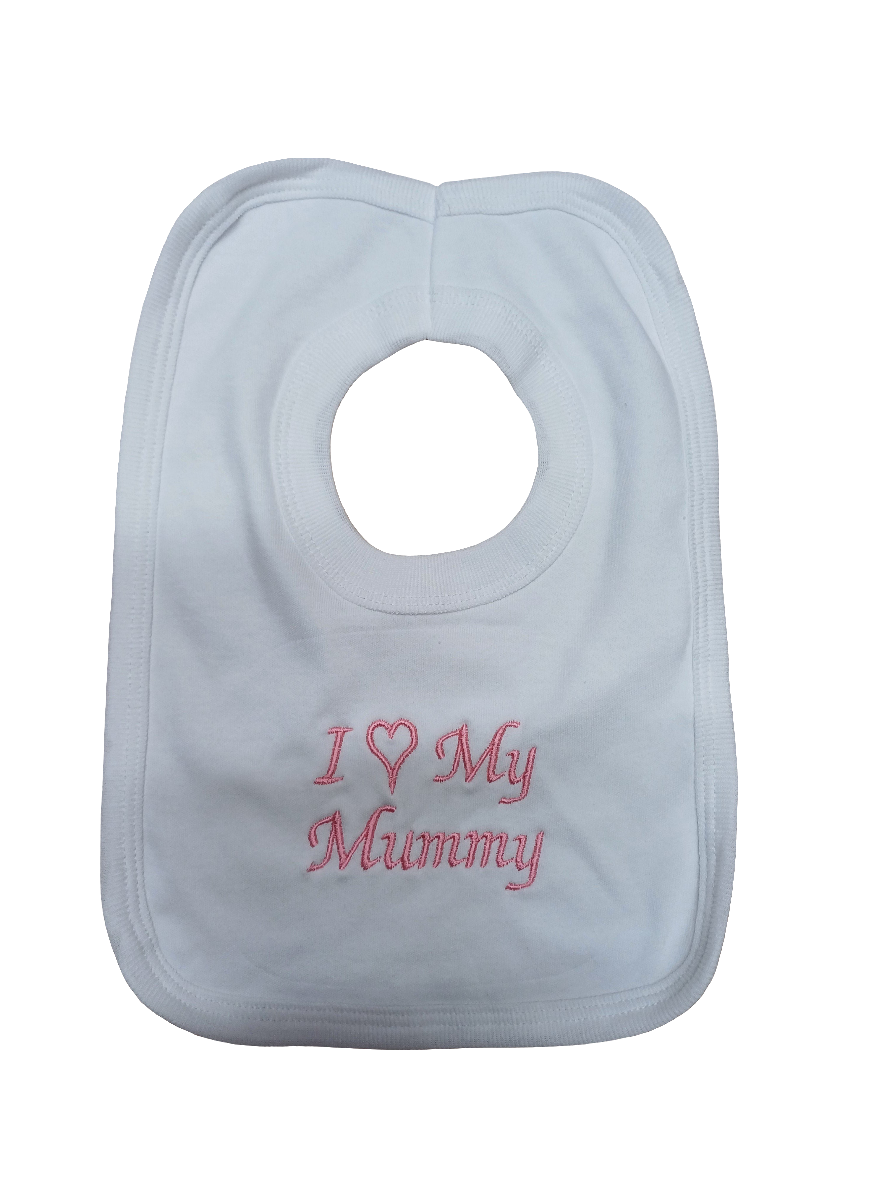 Baby girls  100 % soft cotton bib and hat set embroidered with I love my mummy colour white  / pink  size newborn