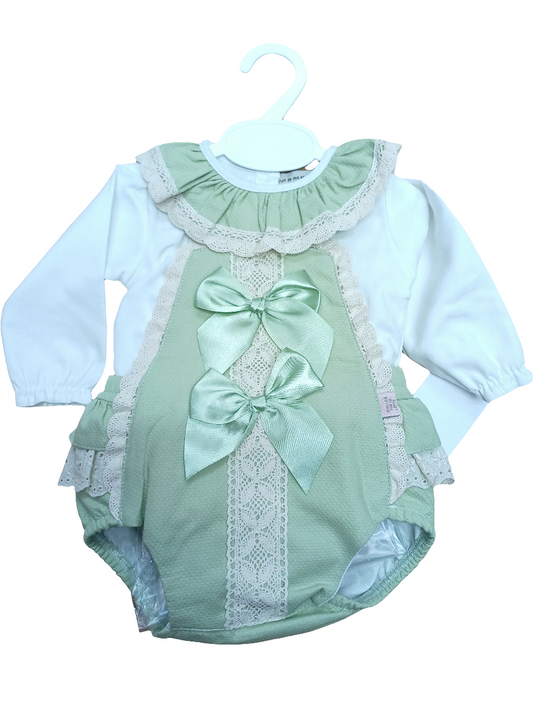 Girls  sage green ribbon  romper with  bows