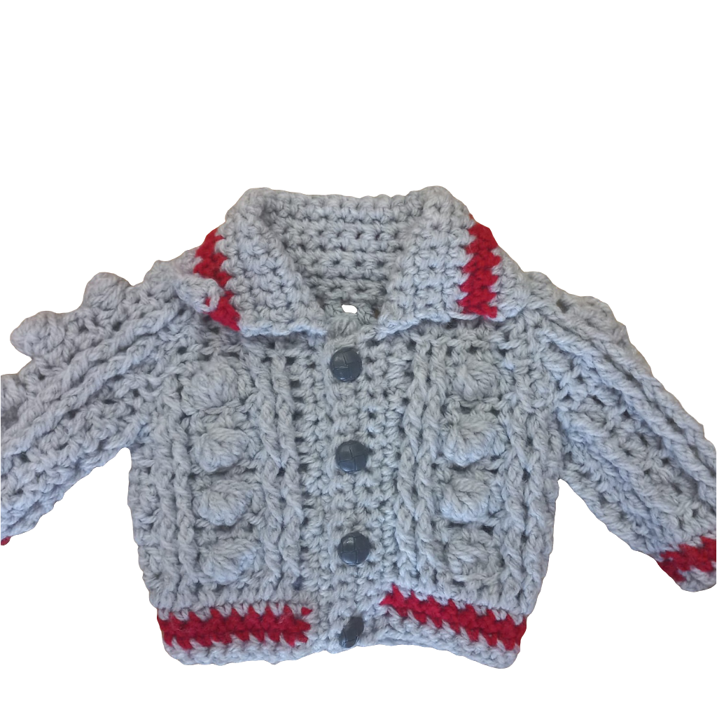 Babys handmade crocheted cardigan and pom hat set