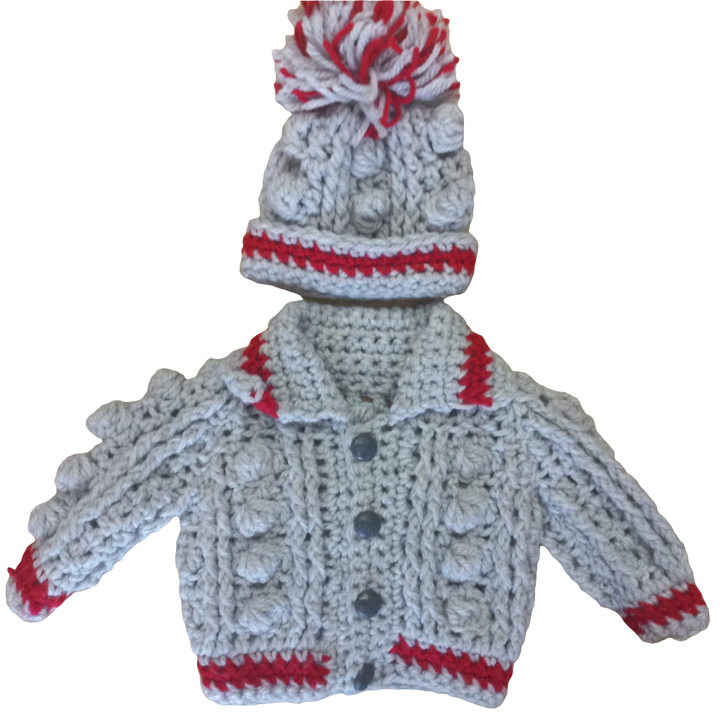 Babys handmade crocheted cardigan and pom hat set