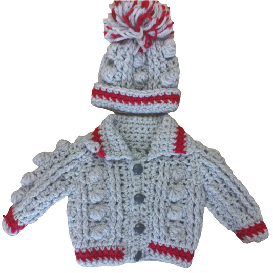 Babys handmade crocheted cardigan and pom hat set