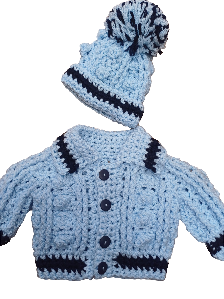 Babys handmade crocheted cardigan and pom hat set