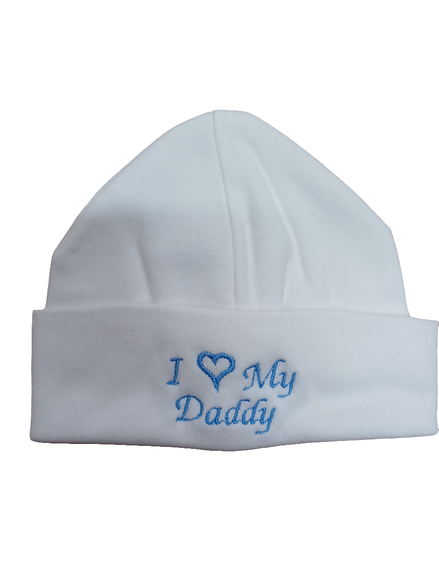 Baby Boys or girls  100% soft cotton hat embroidered with I love my mummy or daddy various colours to choose from size newborn