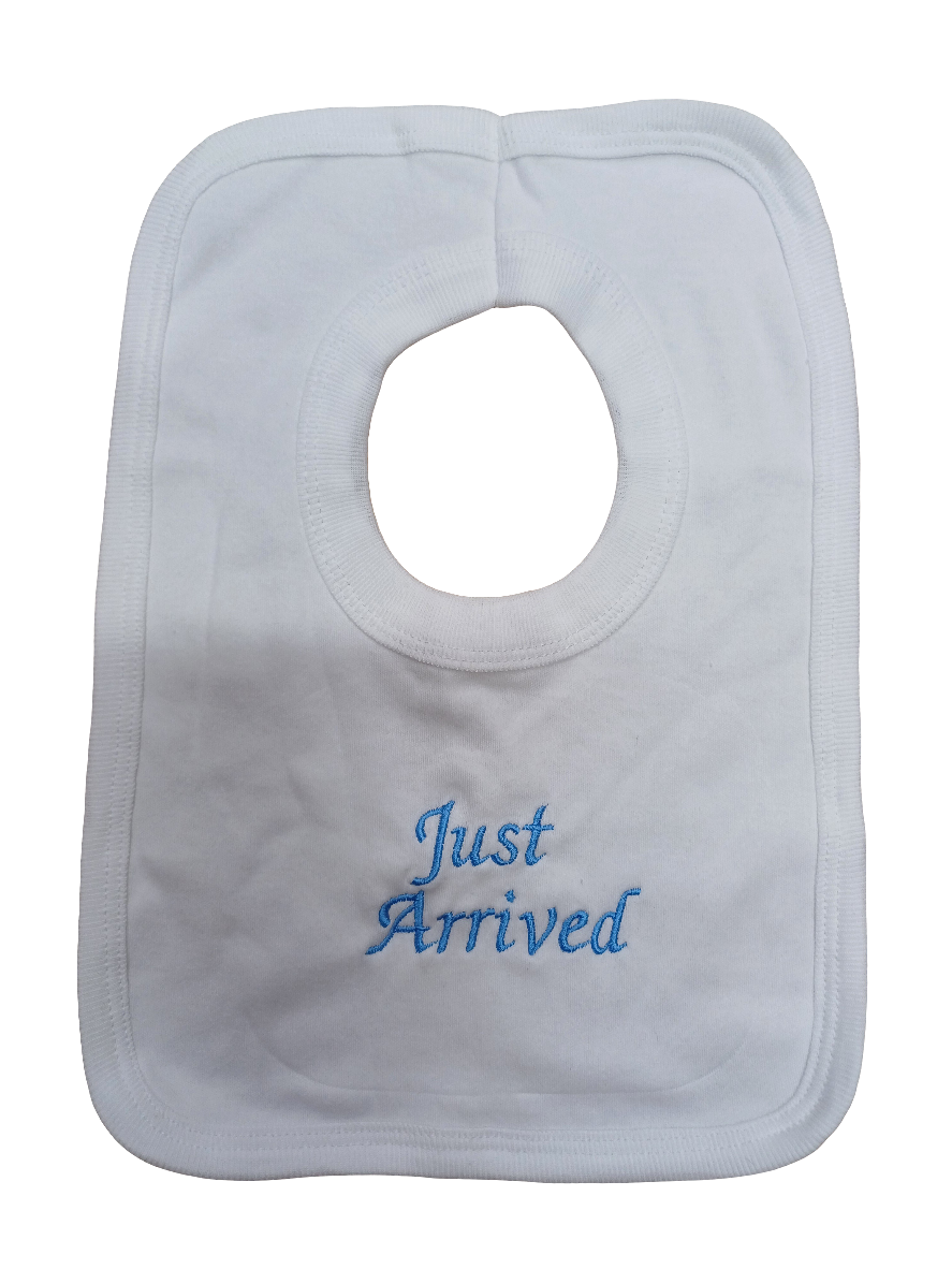 Baby  bibs embroidered with just arrive on  various  colours  to choose from 100% cotton