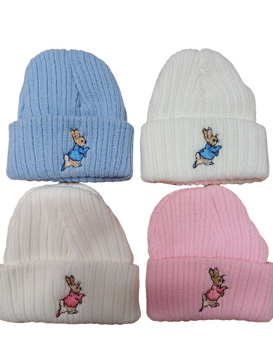 Baby Boys or girls knitted beanie hat embroidered with  peter rabbit various colours  to choose from size newborn