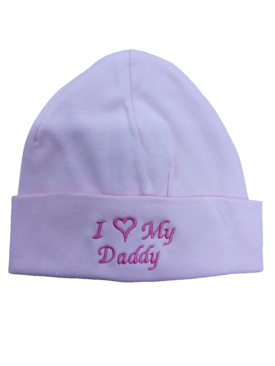 Baby girls  100 % soft cotton bib and hat set embroidered with I love my daddy colour pink  size newborn