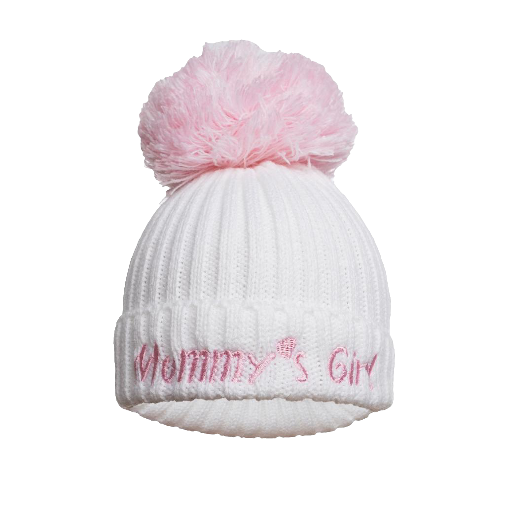 Knitted Hats with pom pom embroidered with mummy's girl or boy