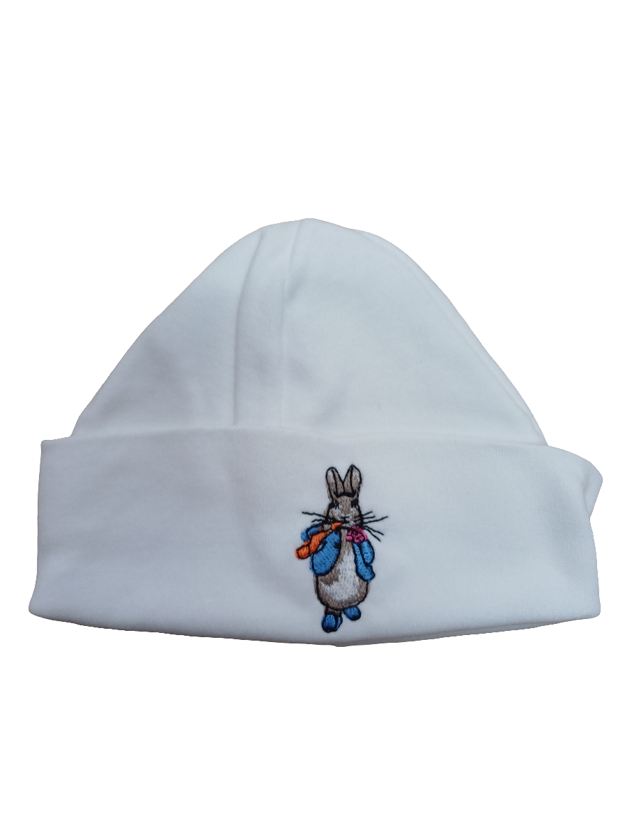 Baby Boys or girls  100 % soft cotton hat embroidered with peter rabbit or jemima puddle duck size newborn