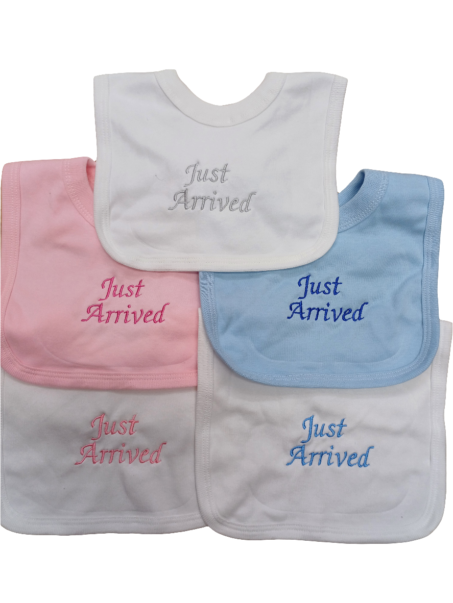 Baby  bibs embroidered with just arrive on  various  colours  to choose from 100% cotton