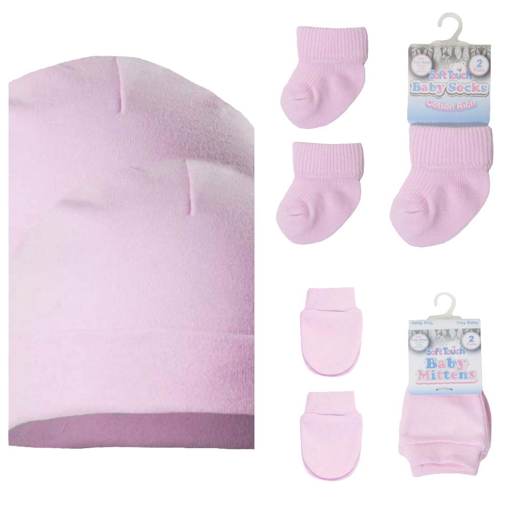 Premature girls set 2 x cotton hats  2 pairs of socks and 2 pairs of scratch mitts