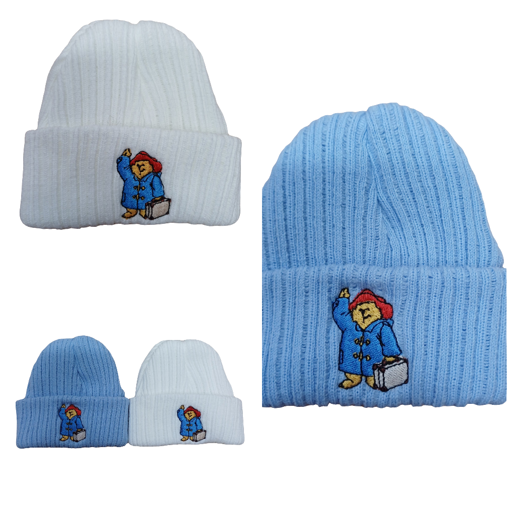 Babys  knitted beanie hats  embroidered with  a bear