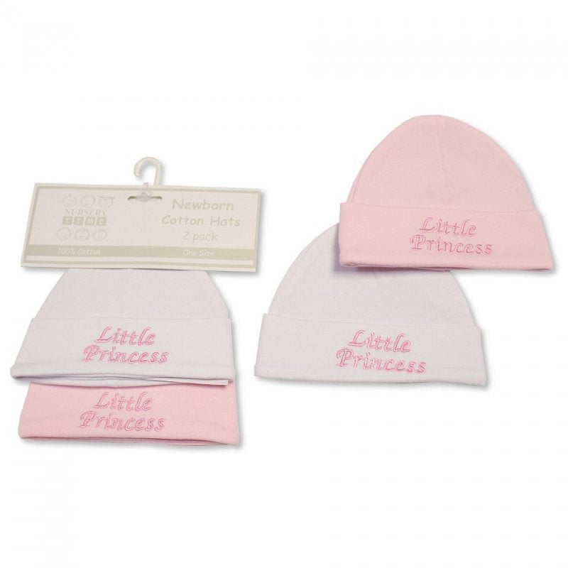 Twin pack of baby girl's cotton hats embroidered with little princess