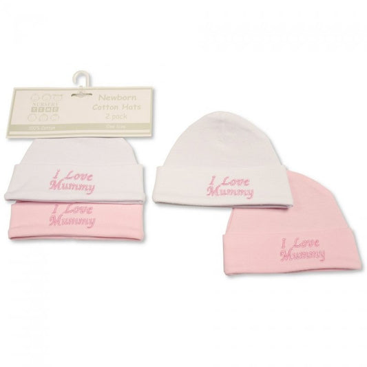 Twin pack of baby girl's cotton hats  embroidered with I love my mummy