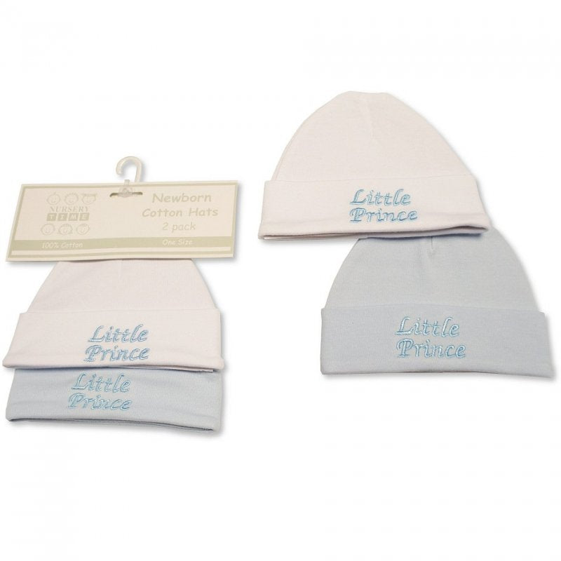 Twin pack of baby boys cotton hats embroidered with little prince