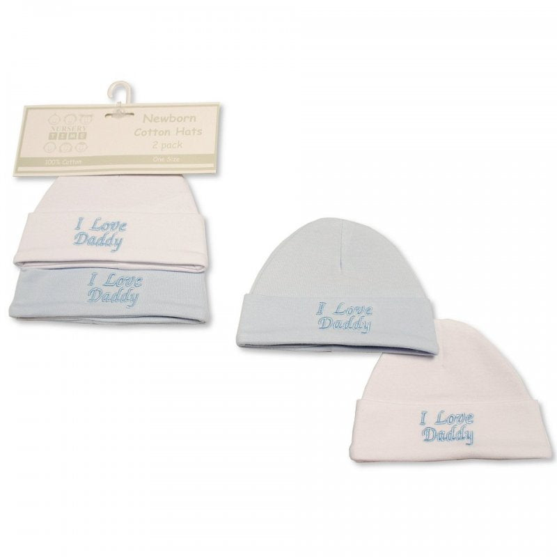 Twin pack of baby boys cotton hats embroidered with I love my daddy