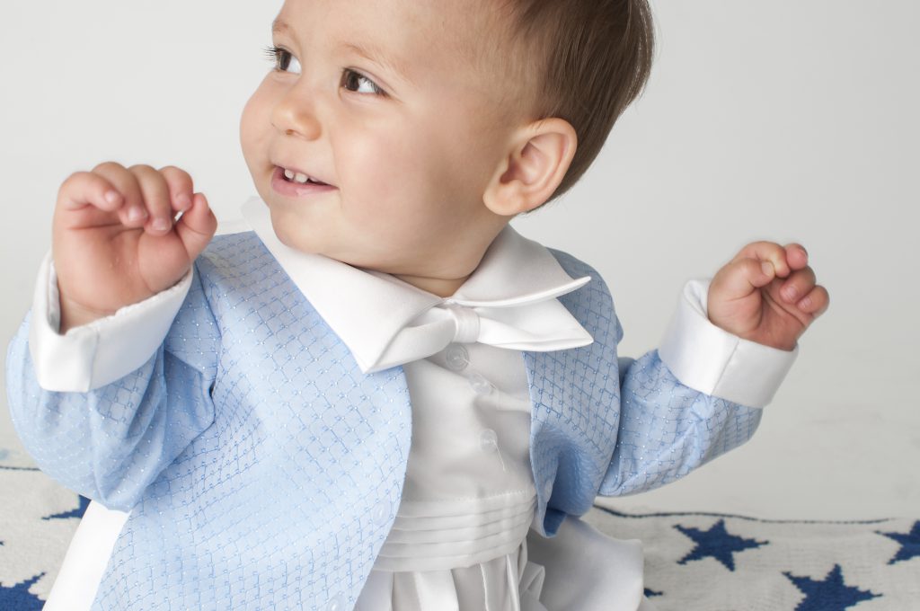 Boys  diamond christening romper with jacket  colour  blue / white