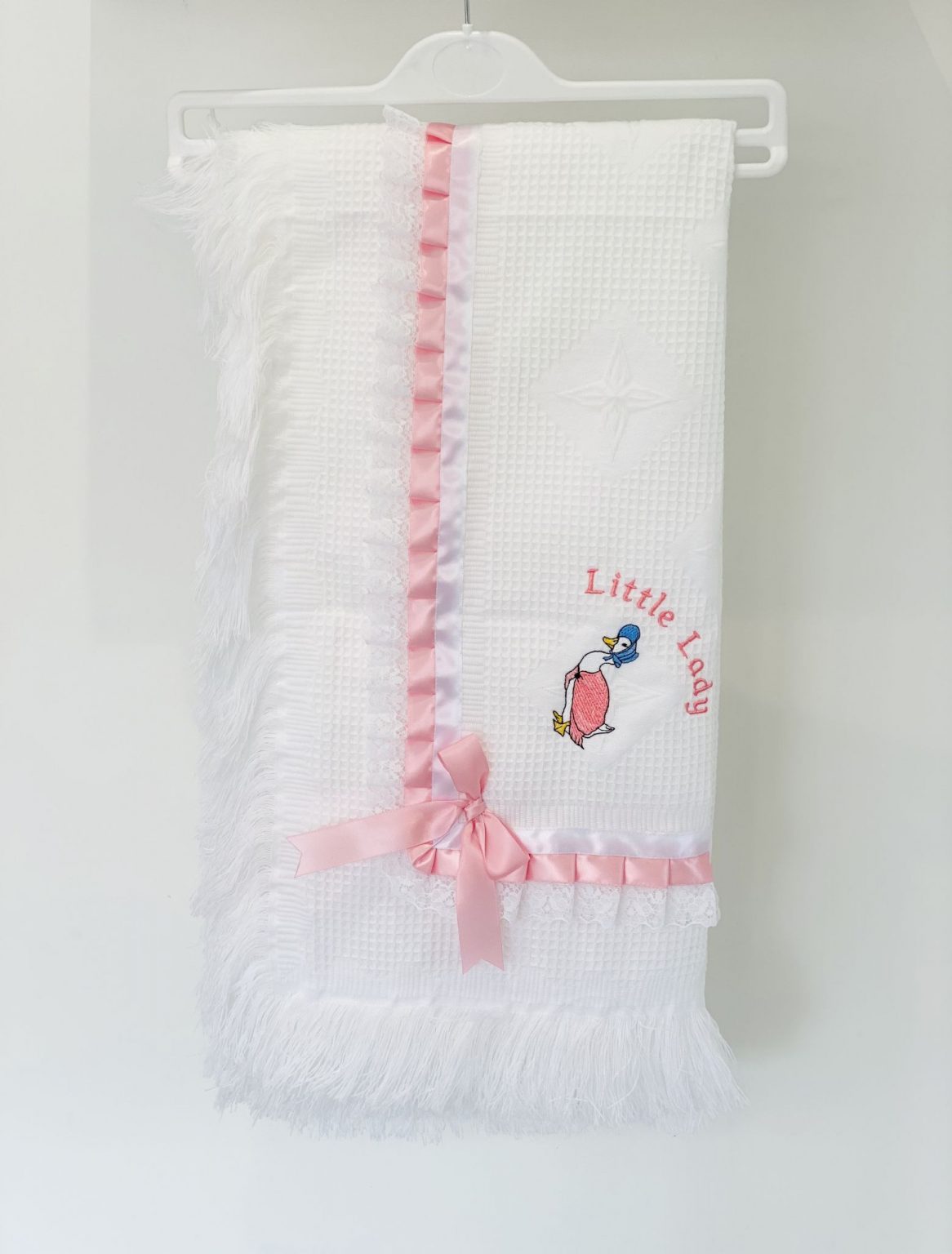 Boys or girls lace  ribbon  shawl / blanket embroidered with peter rabbit or jemima puddle duck