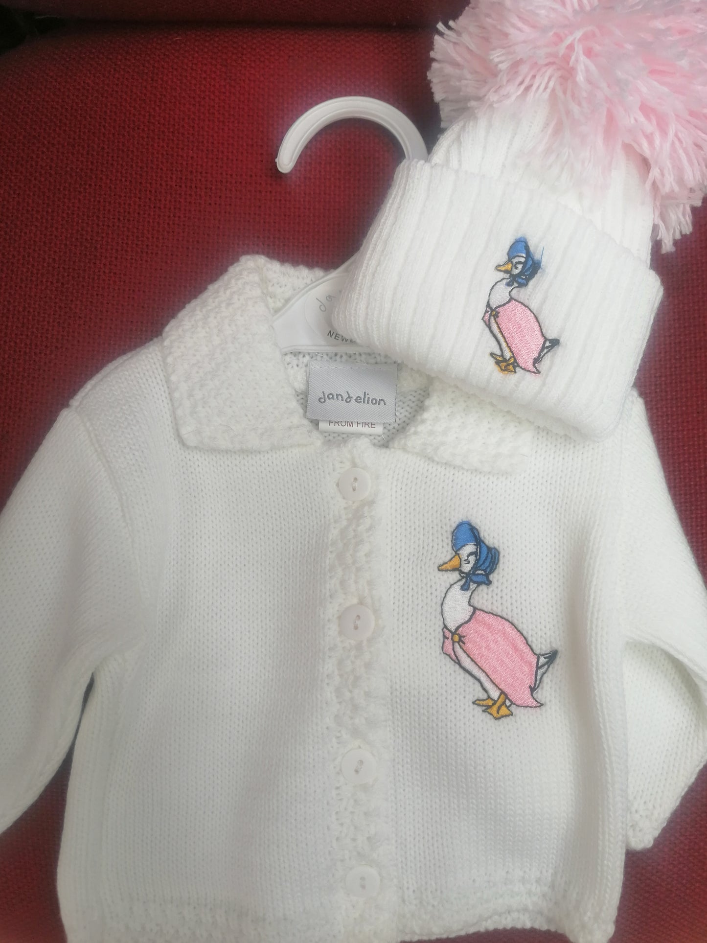 Dandelion boys or girls  cardie set with pom hat embroidered with  peter rabbit or jemima puddle duck