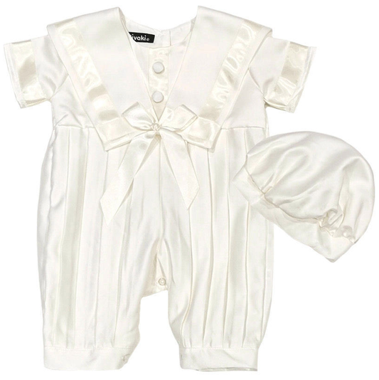 Boys sailor pleated style christening romper with hat colour ivory