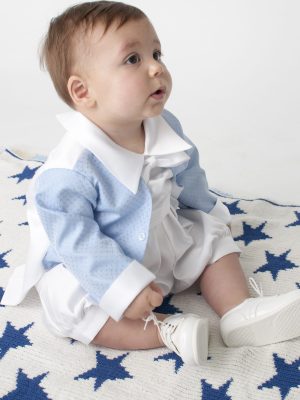 Boys  diamond christening romper with jacket  colour  blue / white