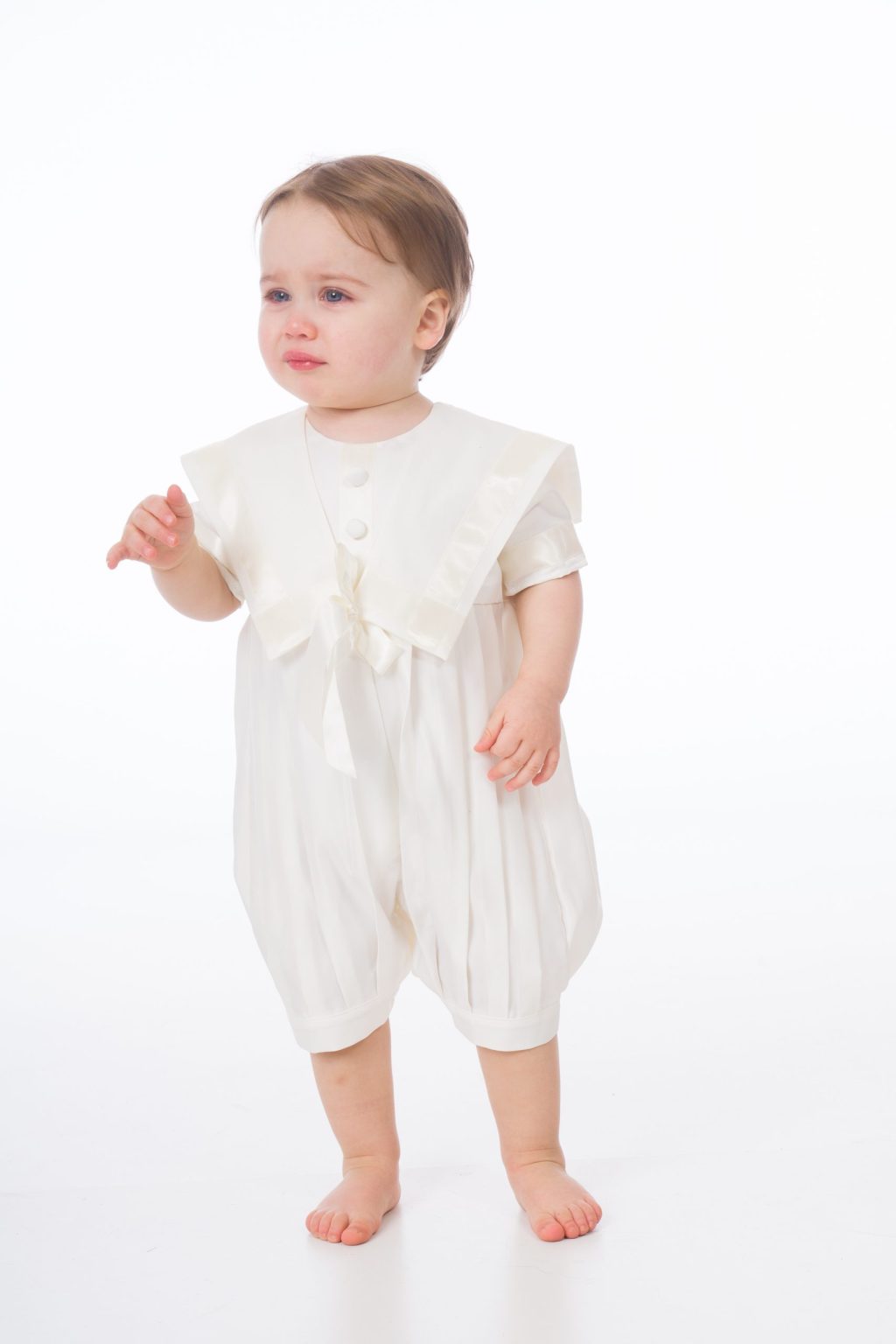 Boys sailor pleated style christening romper with hat colour ivory