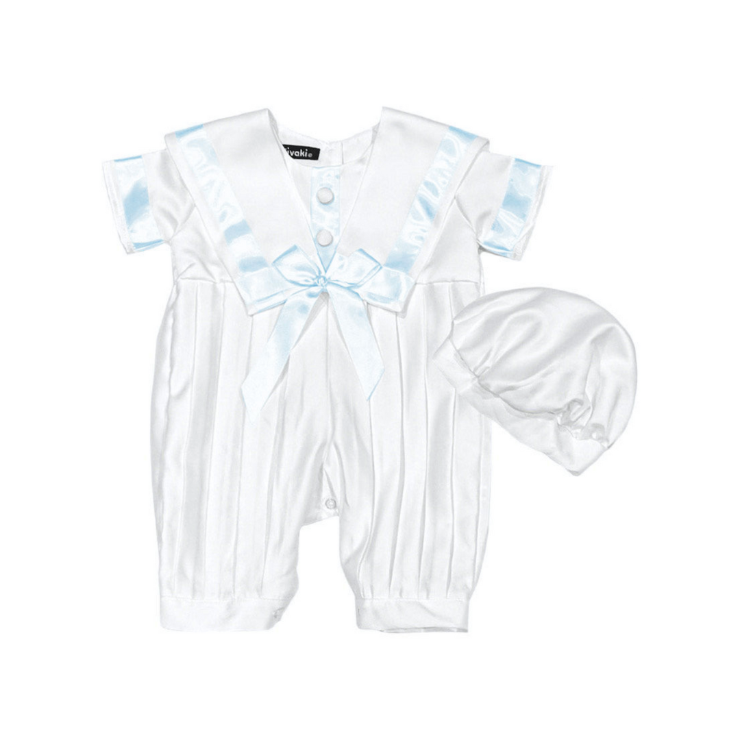 Boys  sailor pleated  style  christening romper with  hat colour white  / blue