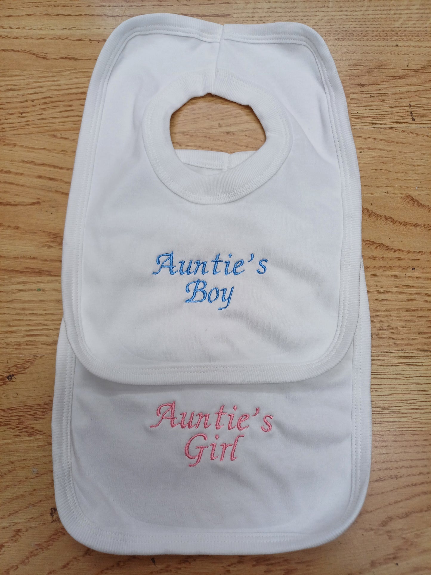 Baby Boys or girls  embroidered bibs  with aunties girl or boy  100  % cotton