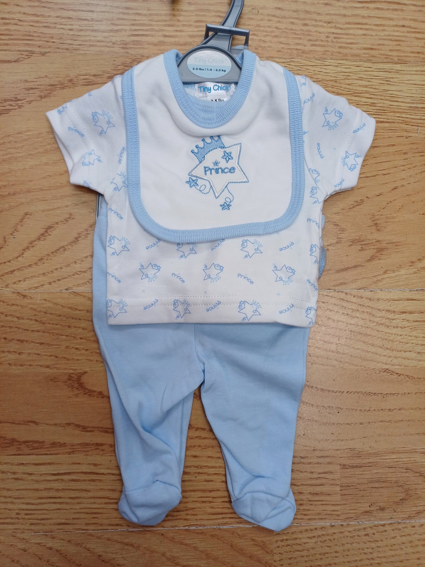 Baby Boys premature 3 piece set  pants  t shirt and bib with prince  embroidery