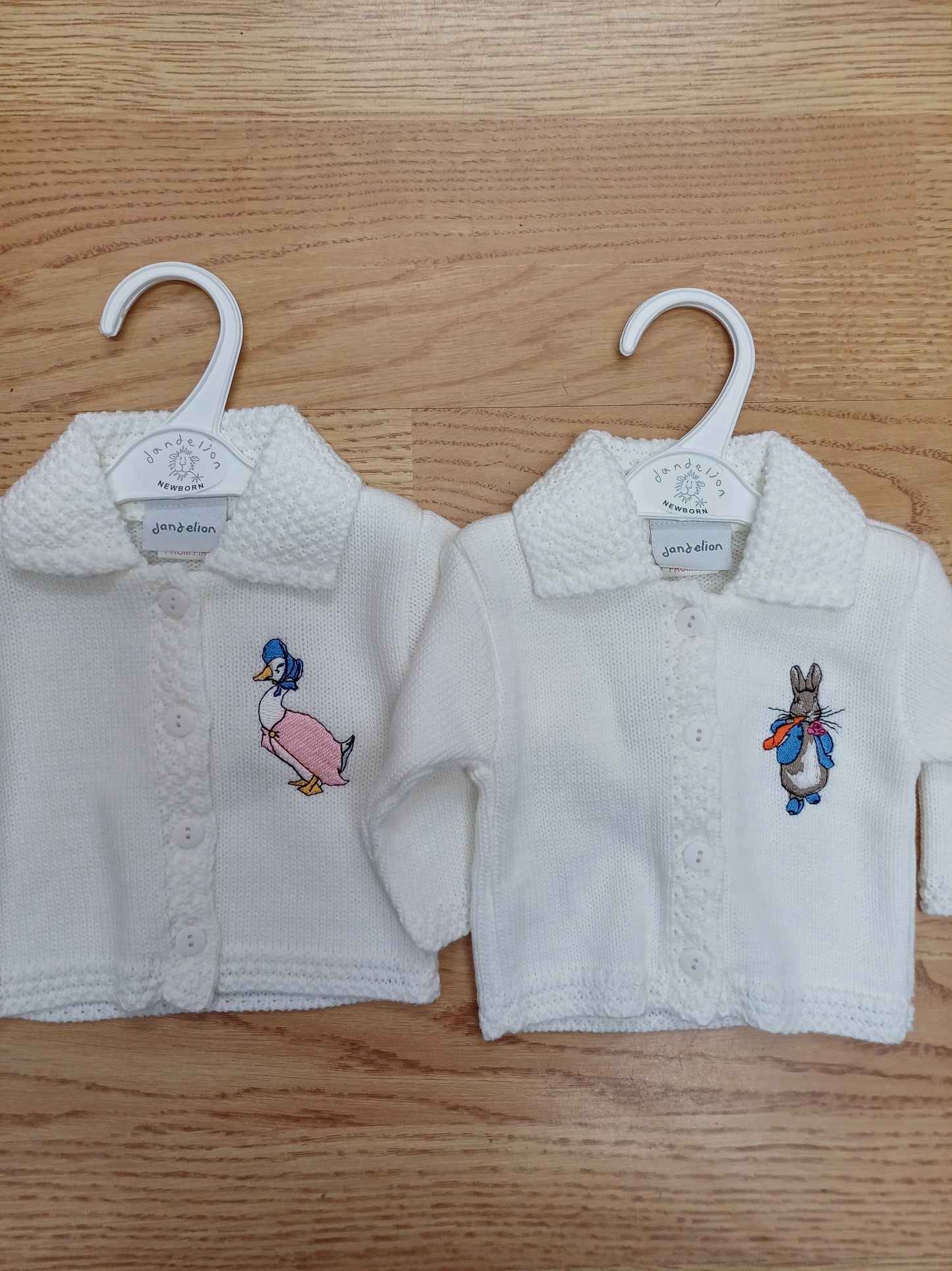 Dandelion boys or girls embroidered cardies with peter rabbit or jemima puddle duck