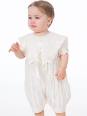 Boys sailor pleated style christening romper with hat colour ivory