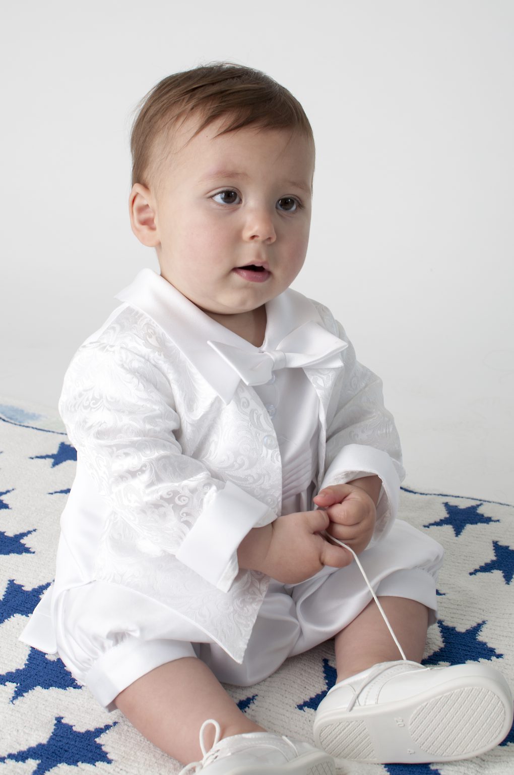 Boys Paisley pattern christening romper  with  jacket  colour white