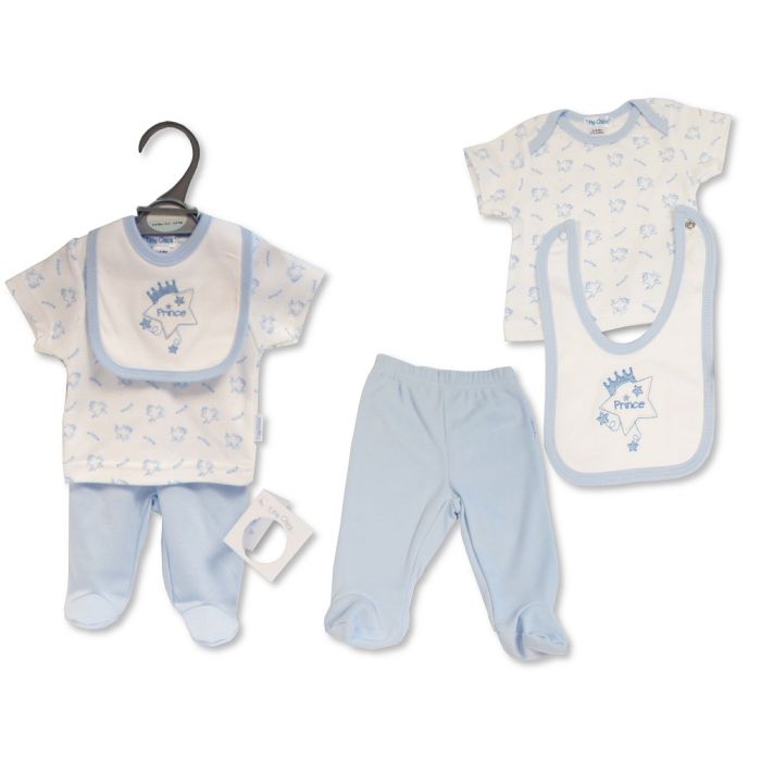 Baby Boys premature 3 piece set  pants  t shirt and bib with prince  embroidery