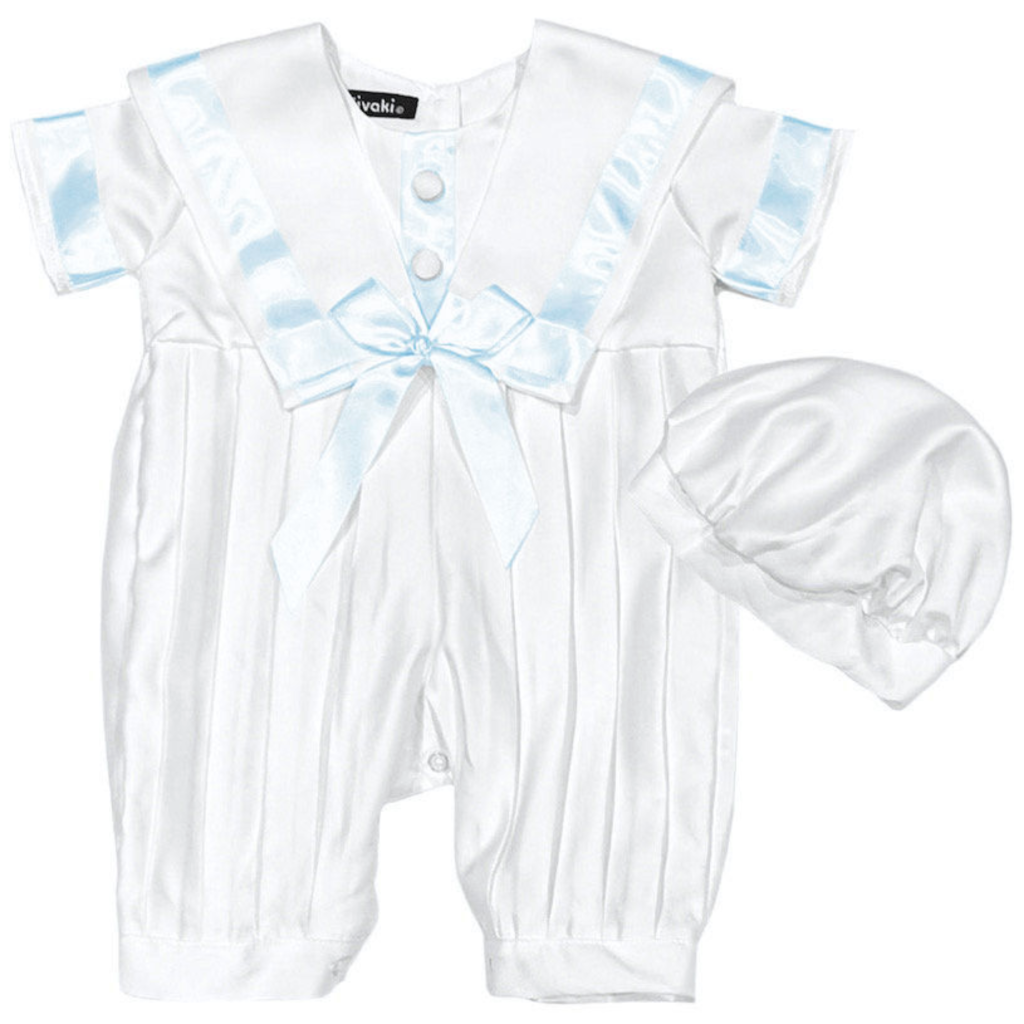 Boys  sailor pleated  style  christening romper with  hat colour white  / blue