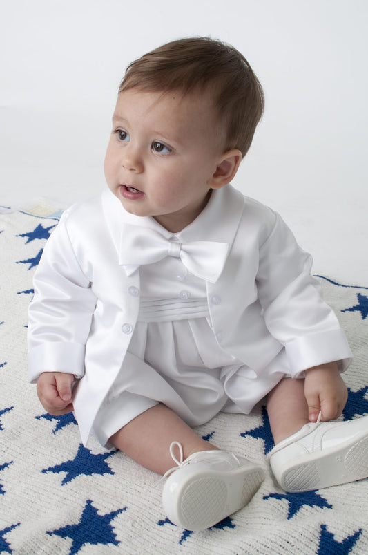 Boys  diamond  pattern  christening romper with jacket colour white