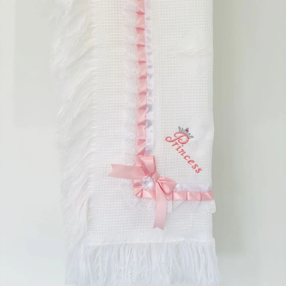 Boys or girls lace ribbon embroidered shawl / blanket with  prince or princess