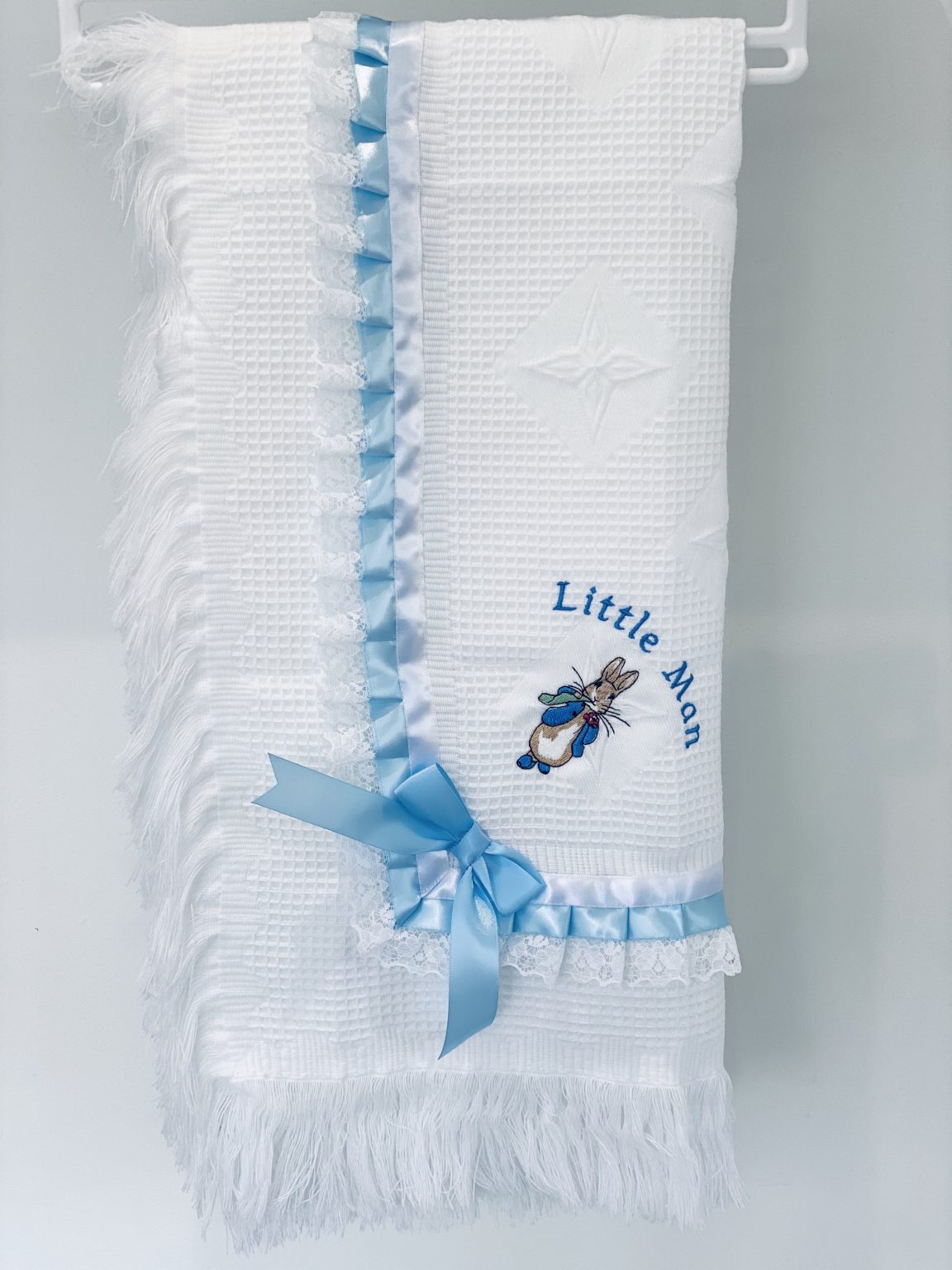 Boys or girls lace  ribbon  shawl / blanket embroidered with peter rabbit or jemima puddle duck