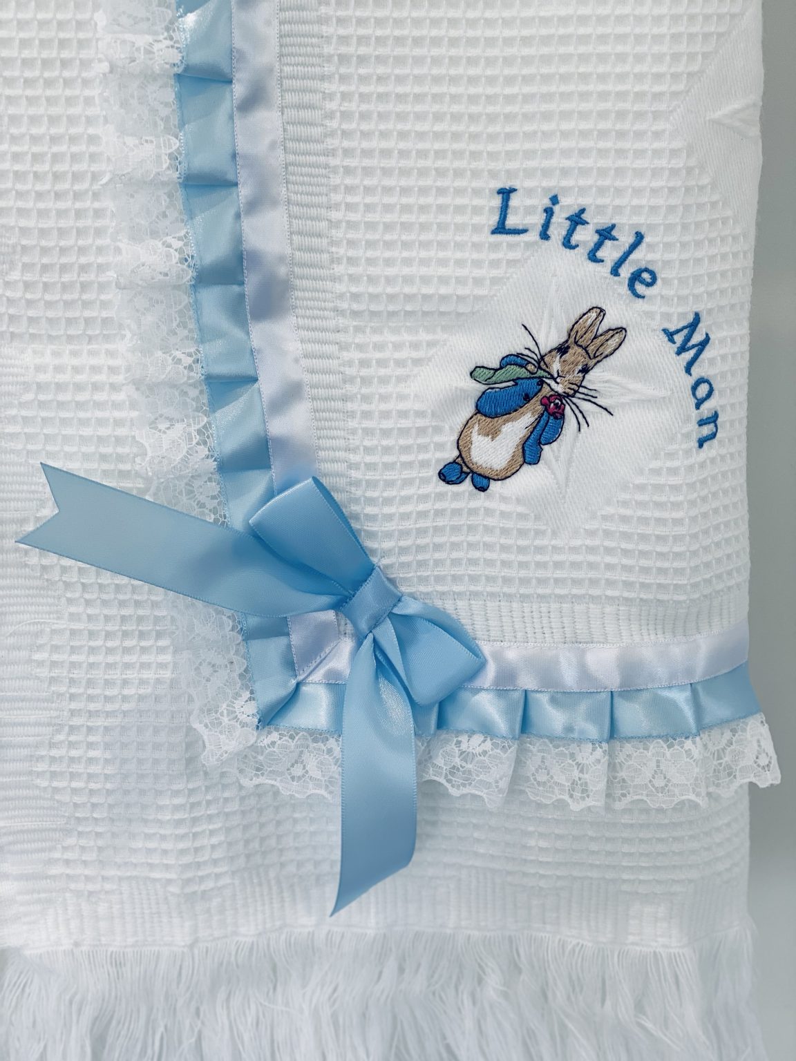 Boys or girls lace  ribbon  shawl / blanket embroidered with peter rabbit or jemima puddle duck