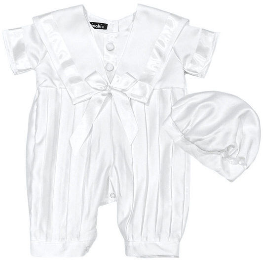 Boys  sailor pleated style christening romper with hat colour  white